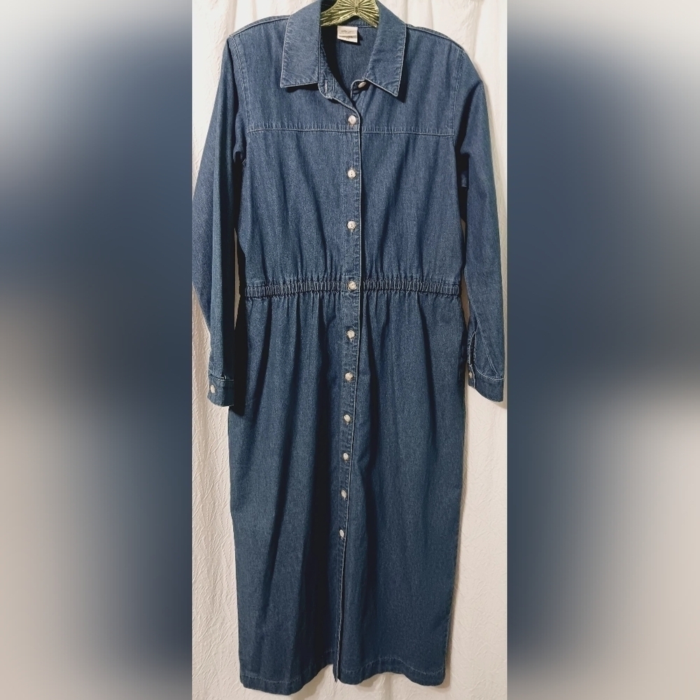 Vtg 90s Denim Long Sleeve Dress 14 Norm Thompson Button Front Cottage Prairie
